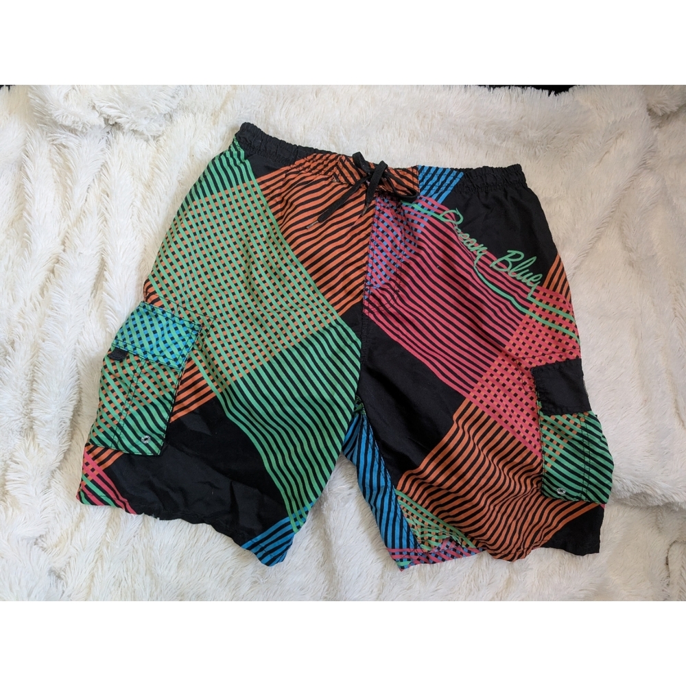 Ocean Blue Colorful Retro Neon Patchwork Men's Swim Shorts Trunks Size Large